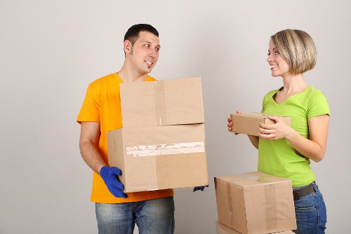 Packed office furniture and equipment ready for relocation